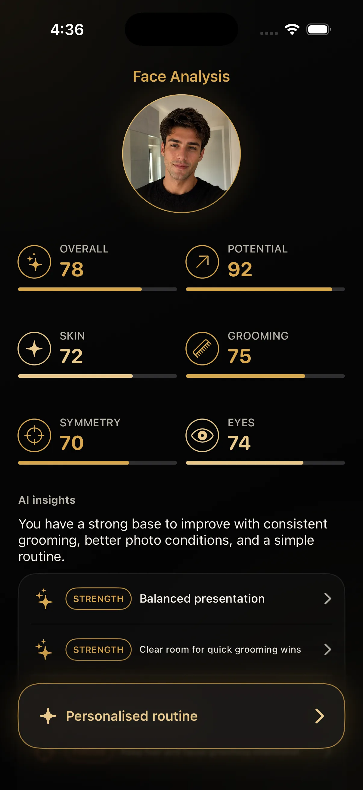 Maxora face analysis with scores and AI insights